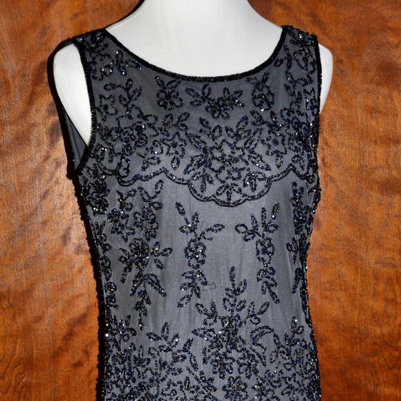 Pissaro Nights Gray/Black Sleeveless Sapphire Sequin Beaded Gatsby Flapper Gown - Picture 2 of 10